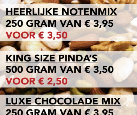 Notenmix, kingsize pinda’s en luxe chocolade mix